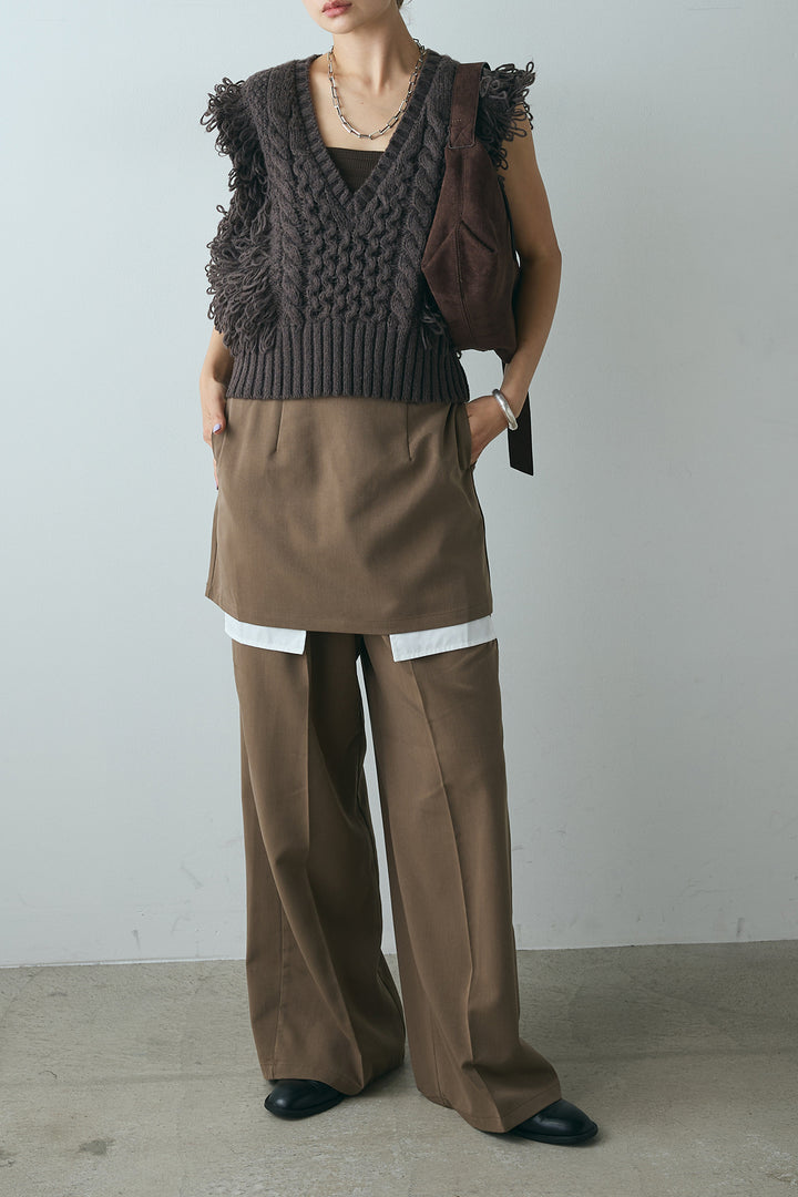 [SET]Vネックループフリンジニットベスト+ストレートパンツ＆ミニスカートセット(2set)
