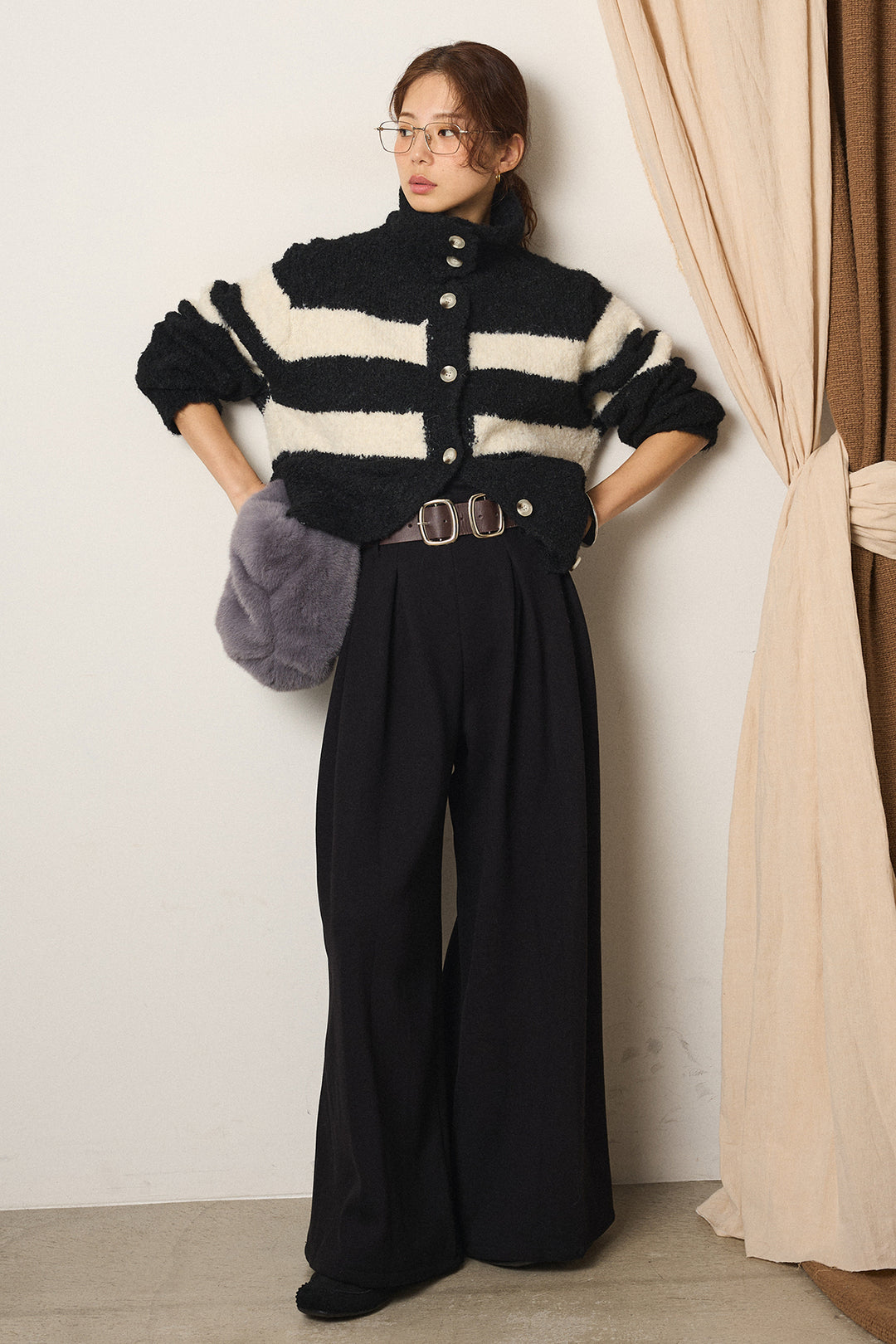 [SET]ハイネックボーダーニットカーディガン+フェイクレザー太ベルト付きタックワイドパンツ(2set)