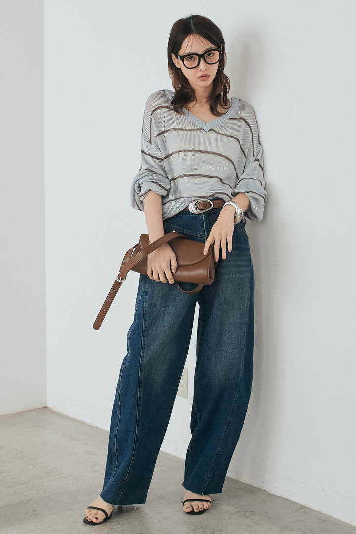 [SET]綿タッチVネックボーダートップス+デニムヨークパンツ(2set)