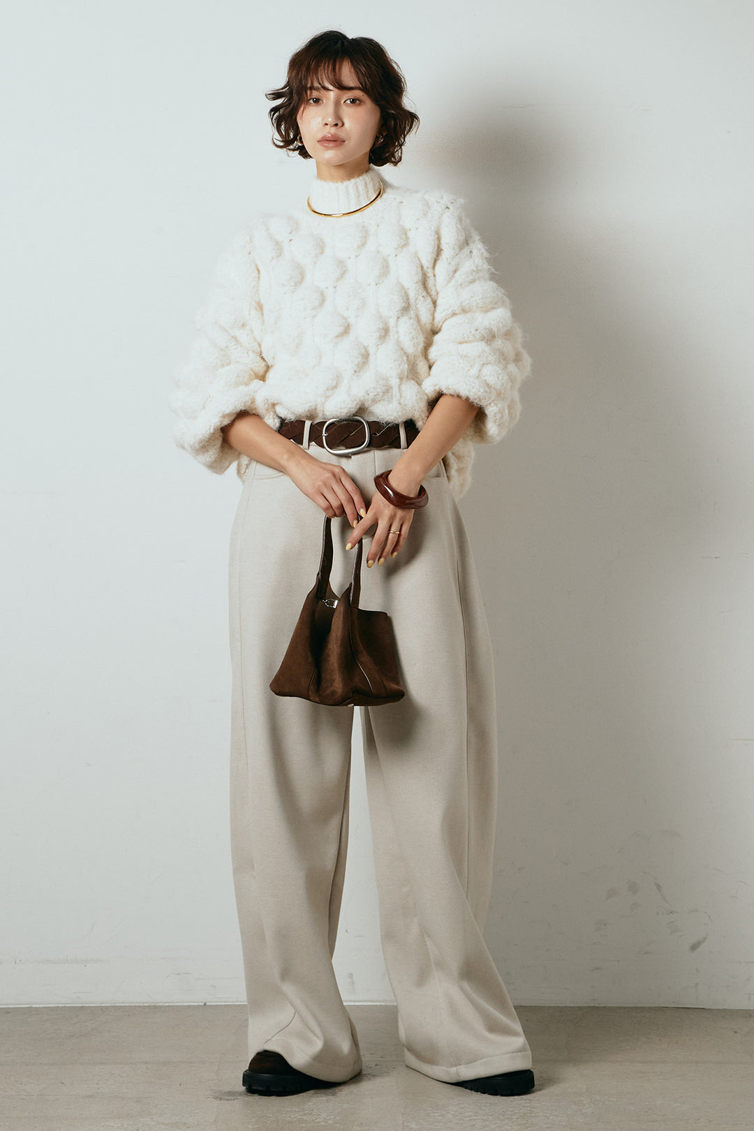 [SET]ボリュームポップコーンニットトップス+編みベルト付きワイドパンツ(2set)