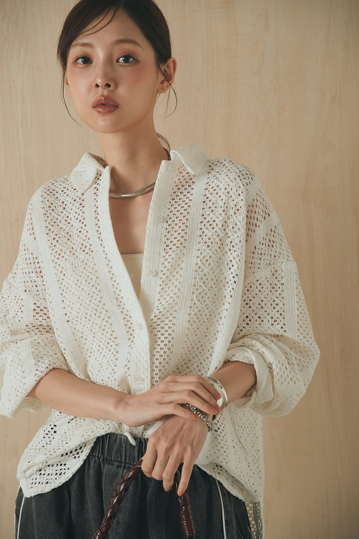 [SET]長袖襟付きレースシャツ+ドロストサイドラインデニムパンツ(2set)