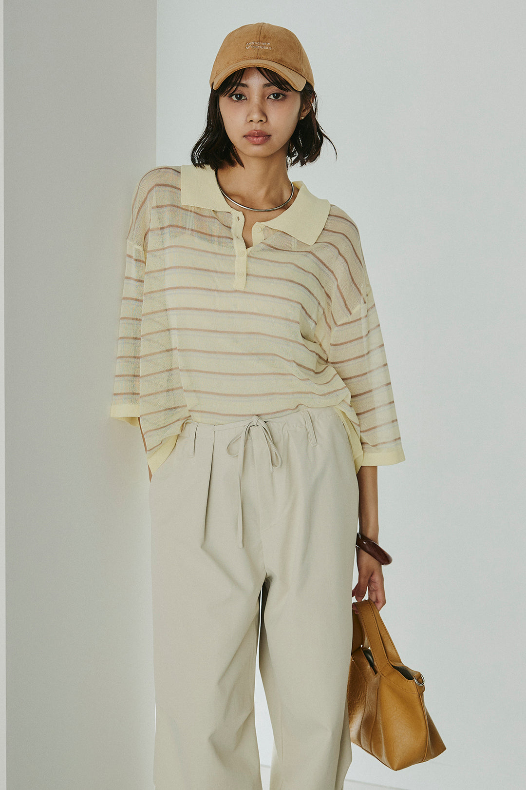 [SET]ボーダーニットポロシャツ+ニーサイドタックウエストドロスパンツ(2set)