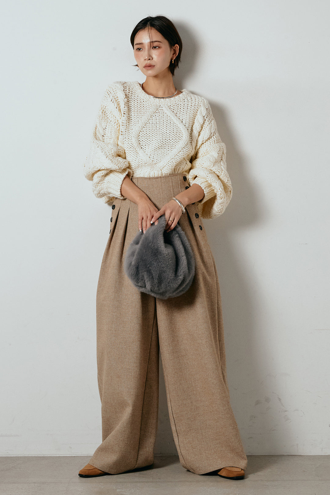 [SET]ロービングケーブルショート丈プルオーバー+サイドボタンツイードタックパンツ(2set)