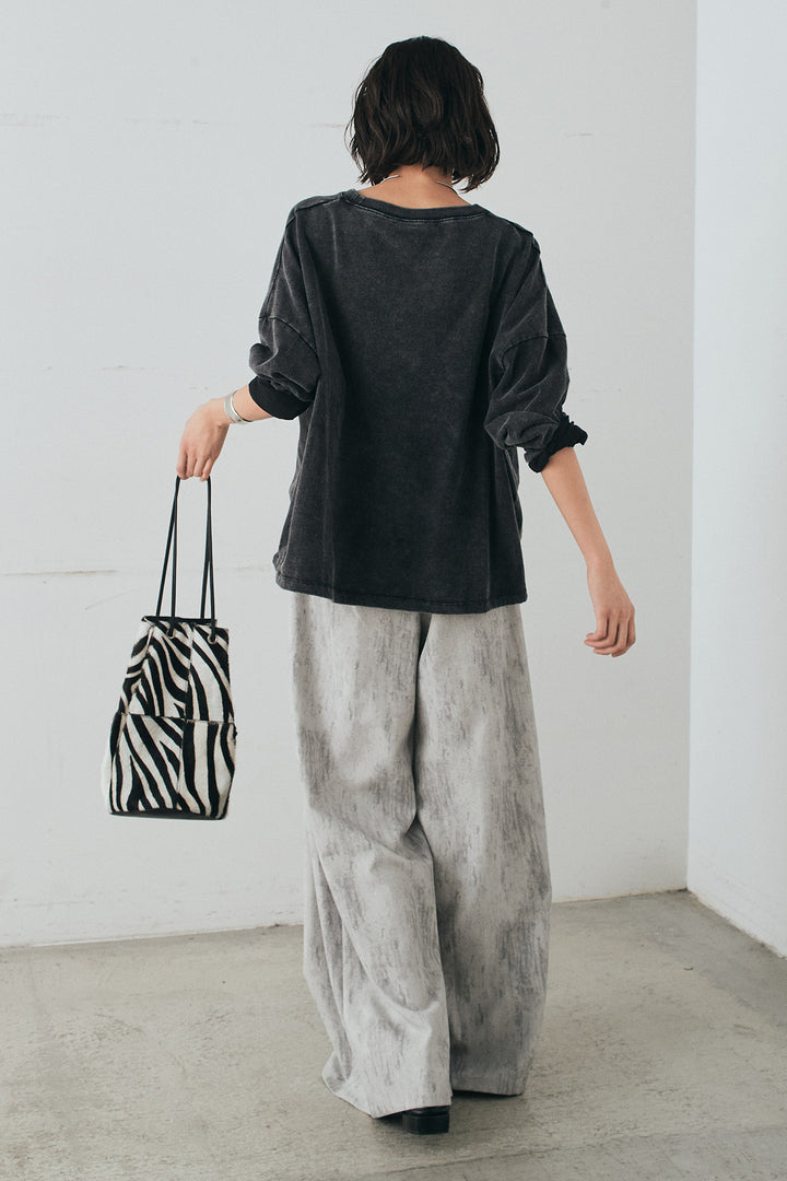 [SET]裾センタードロストロゴプリントワイドTシャツ+紐ベルト付きかすれ柄ワイドスラックス(2set)