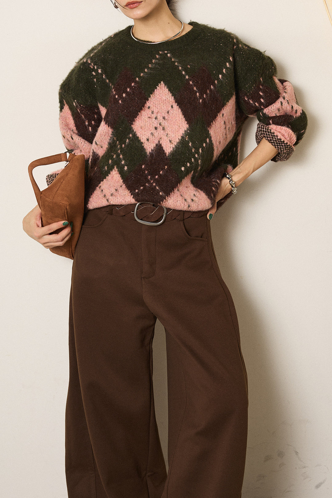 [SET]配色アーガイル柄ニットトップス+編みベルト付きワイドパンツ(2set)