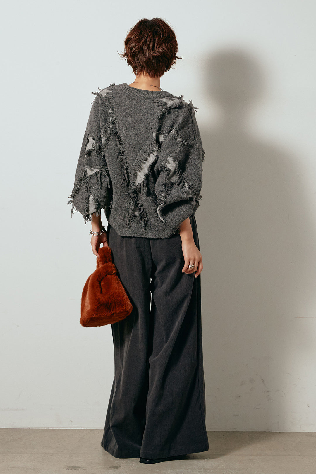 [SET]シャギージャガードニットトップス+太ベルト付きコーデュロイタックパンツ(2set)