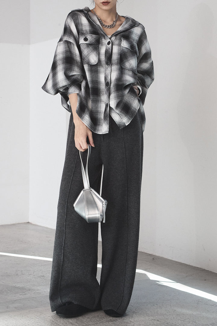 [SET]オンブレーチェックビッグシルエットCPOシャツ+センターラインニットパンツ(2set)
