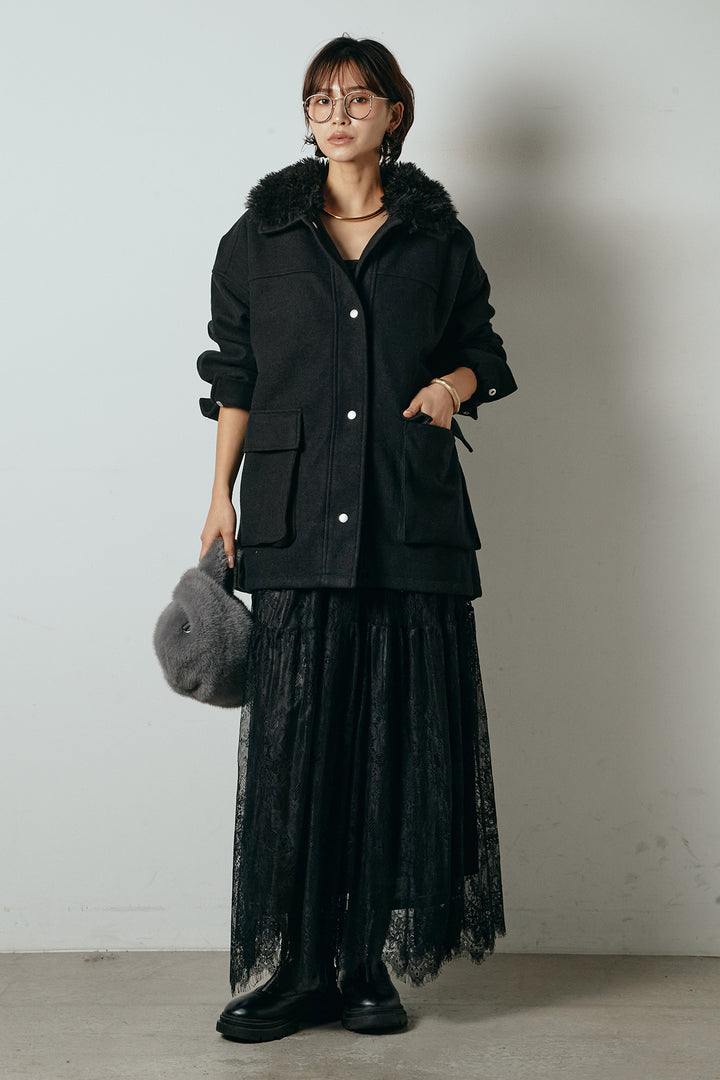 [SET]エコウール衿ファー薄中綿入りミドルカバーオール+ひげレース切替ロング丈スカート(2set)