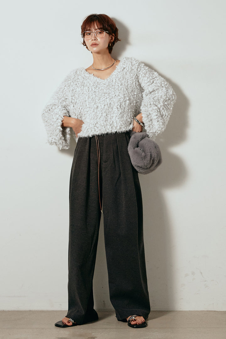 [SET]深Vネックチョウチョヤーンニットトップス+細フェイクレザーベルト付きワイドタックパンツ(2set)