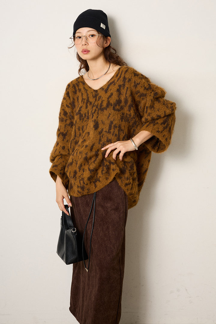 [SET]フラッフィーレオパードシャギーニット+ロープベルト付きスウェード調スカート(2set)