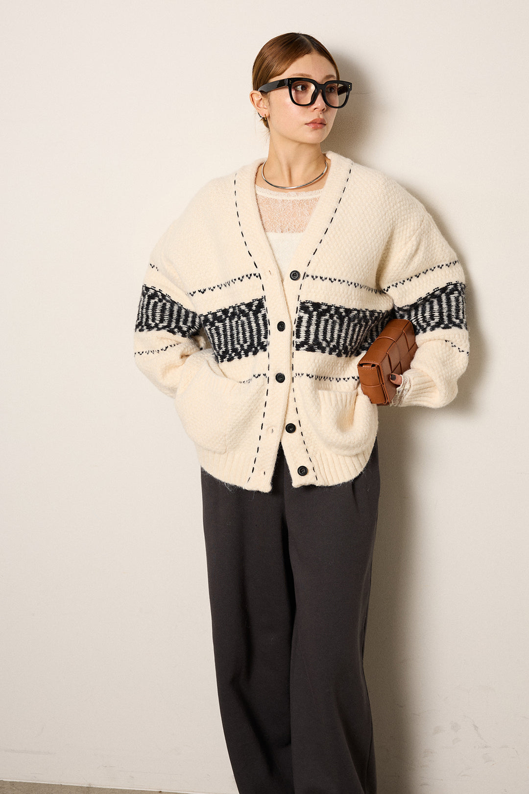 [SET]ライン柄ステッチニットカーディガン+2WAY袖コード刺繍クルーネックプルオーバー(2set)