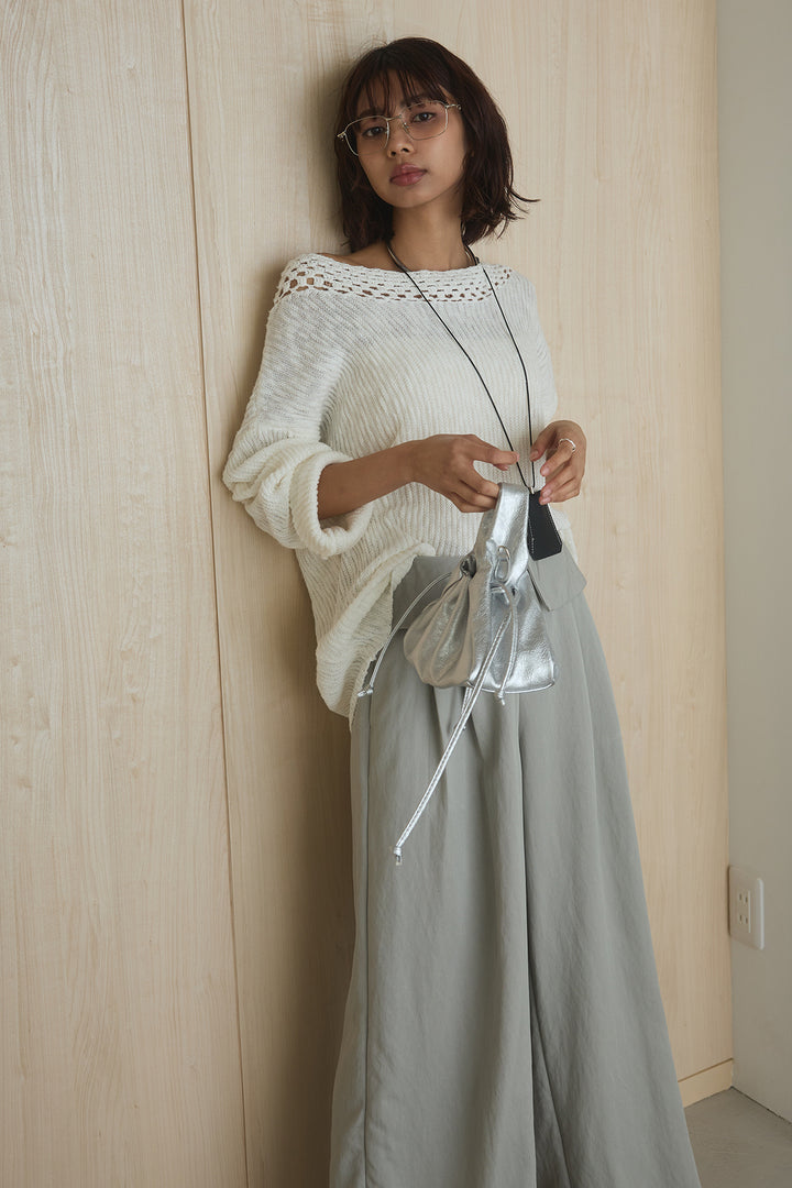 [SET]ネック編みデザインニットトップス+ウエスト折り返しワイドパンツ(2set)