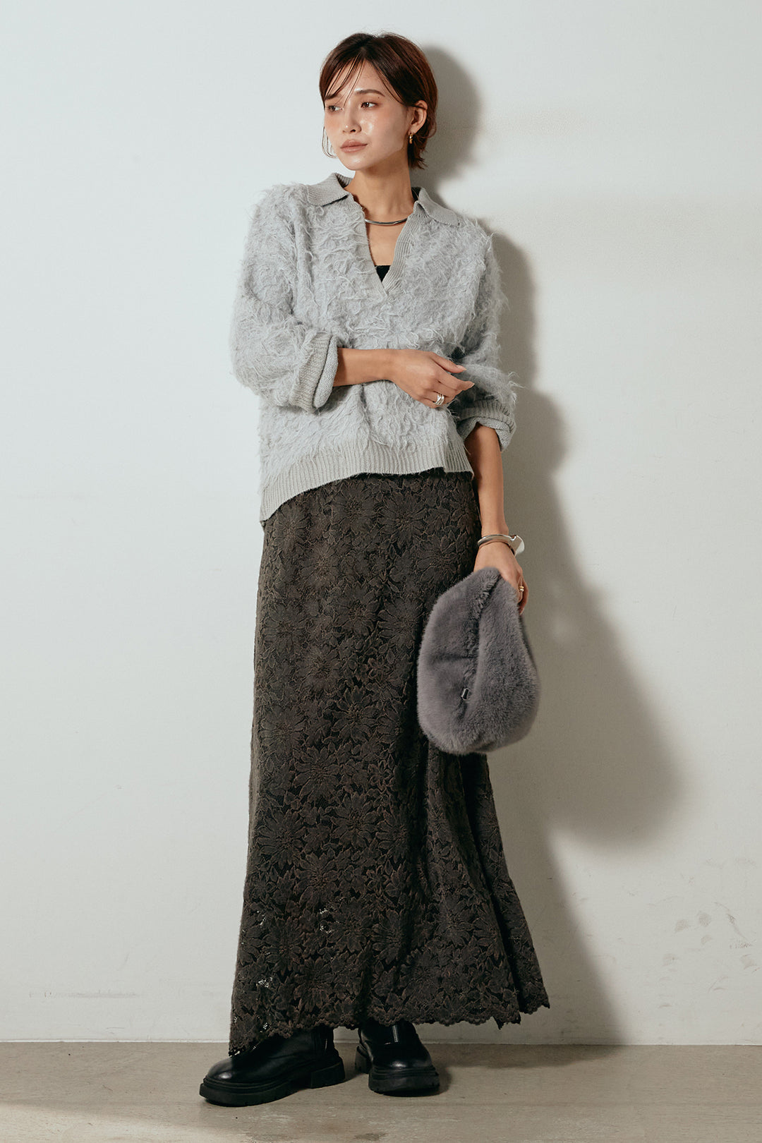 [SET]襟付きシャギーニットポロトップス+花柄刺繍ベロアフレアスカート(2set)