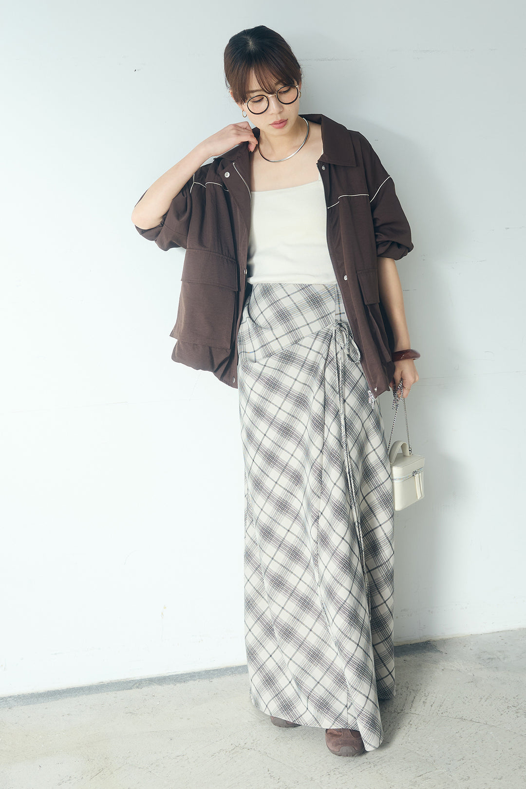 [SET]合繊ツイルバルーンジャケット+タータンチェック柄フロントデザインスカート(2set)