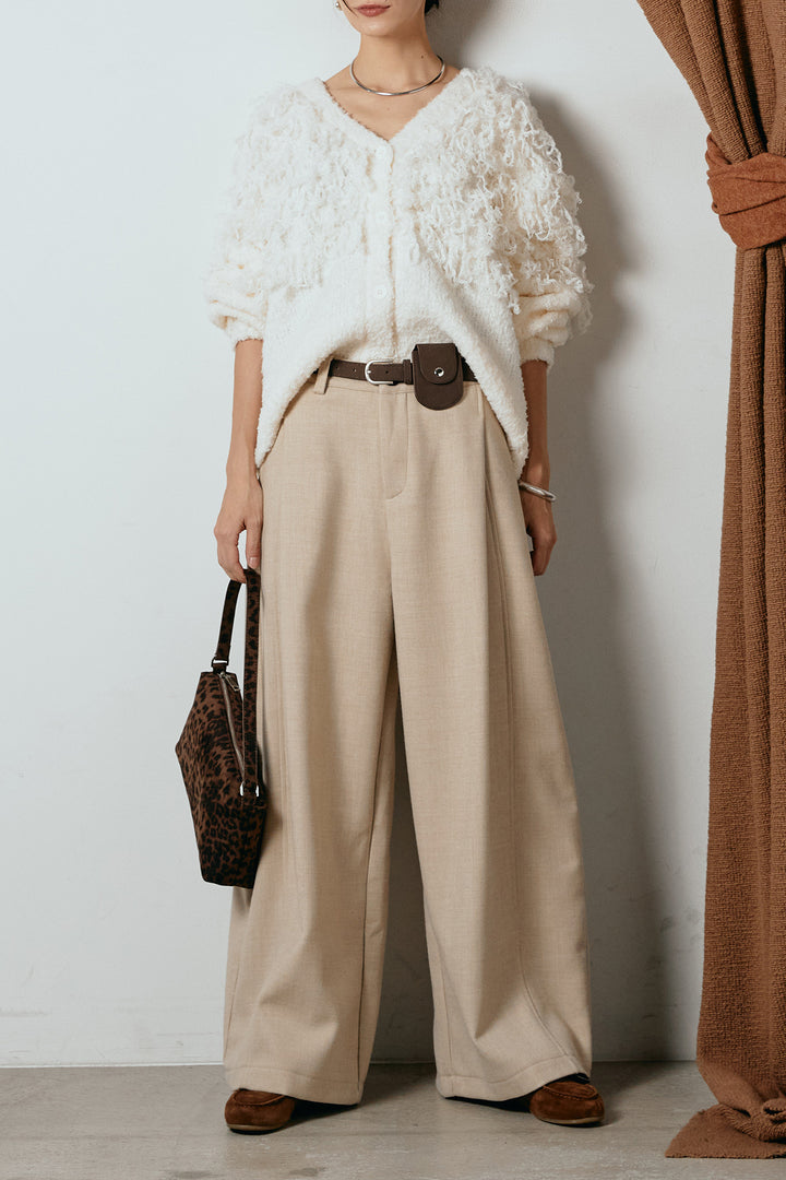 [SET]ループ編みVネックニットカーディガン+ポーチベルト付きカーブパンツ(2set)