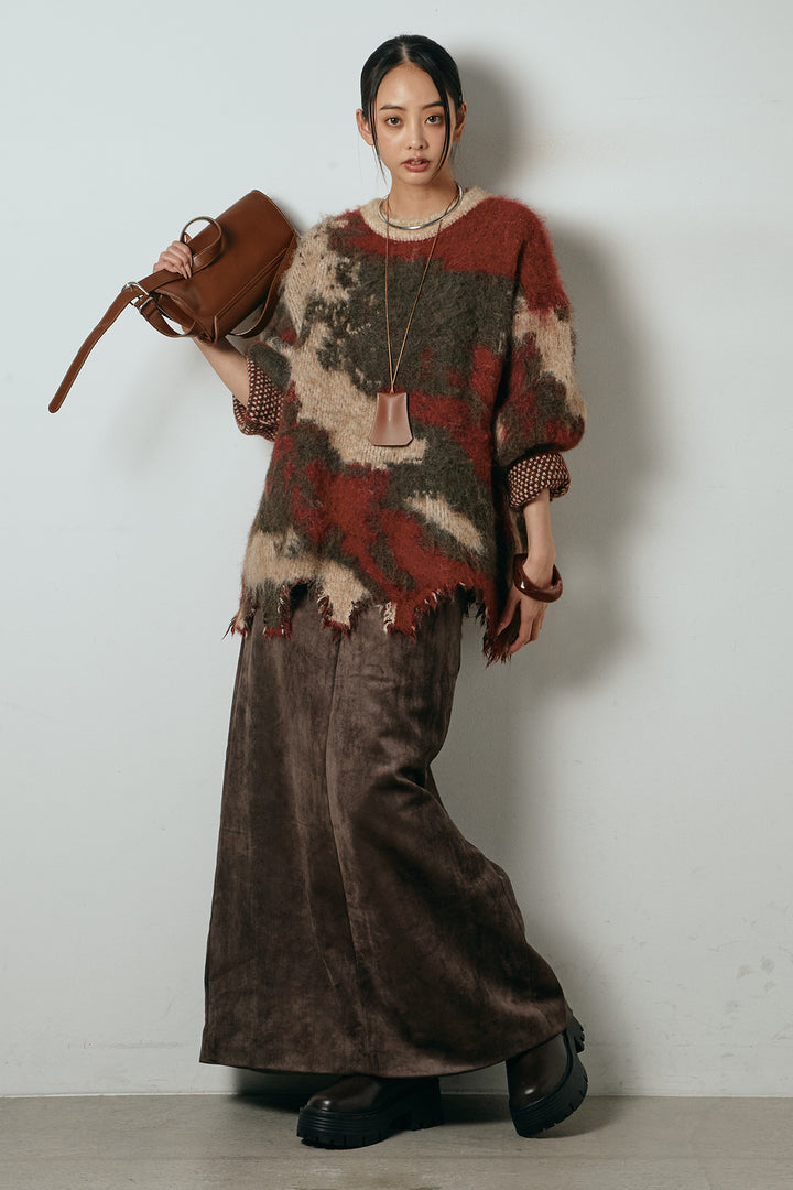 [SET]起毛裾デザインニュアンス柄ニットトップス+エコスウェードワイドスカート(2set)