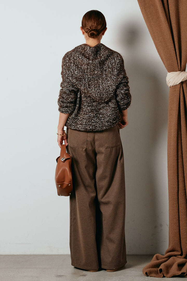 [SET]スカーフ付きミックスニットトップス+細ベルト付き起毛タックワイドパンツ(2set)