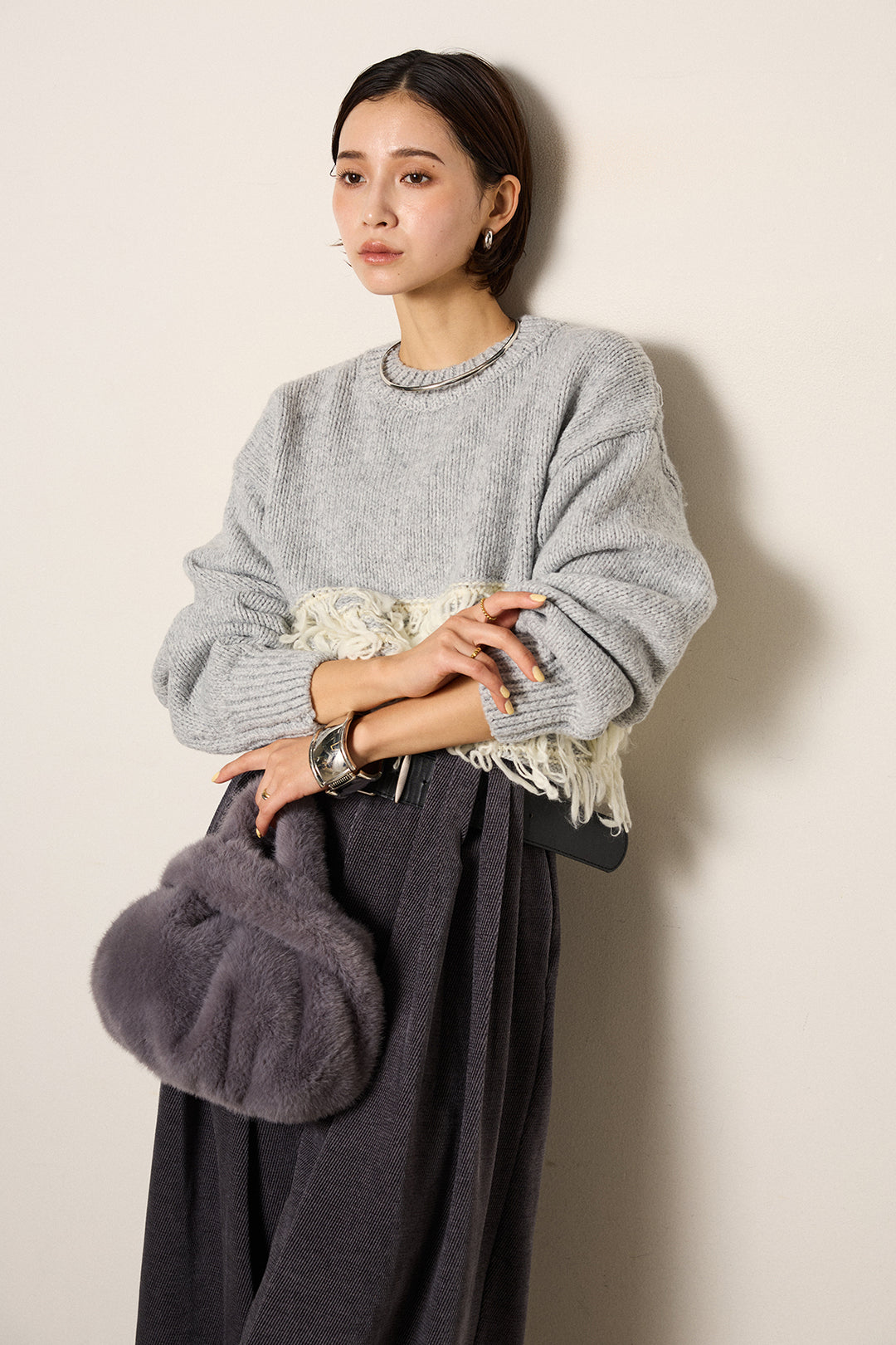 [SET]ループ編み切り替えニットプルオーバー+ベルトループコーデュロイワイドパンツ(2set)