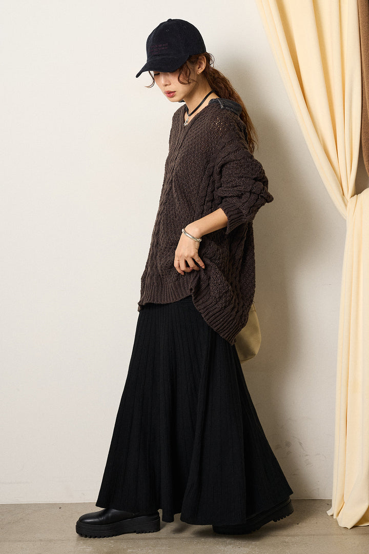 [SET]デニムカラーケーブルオーバーニット+編み地切り替えフレアニットスカート(2set)