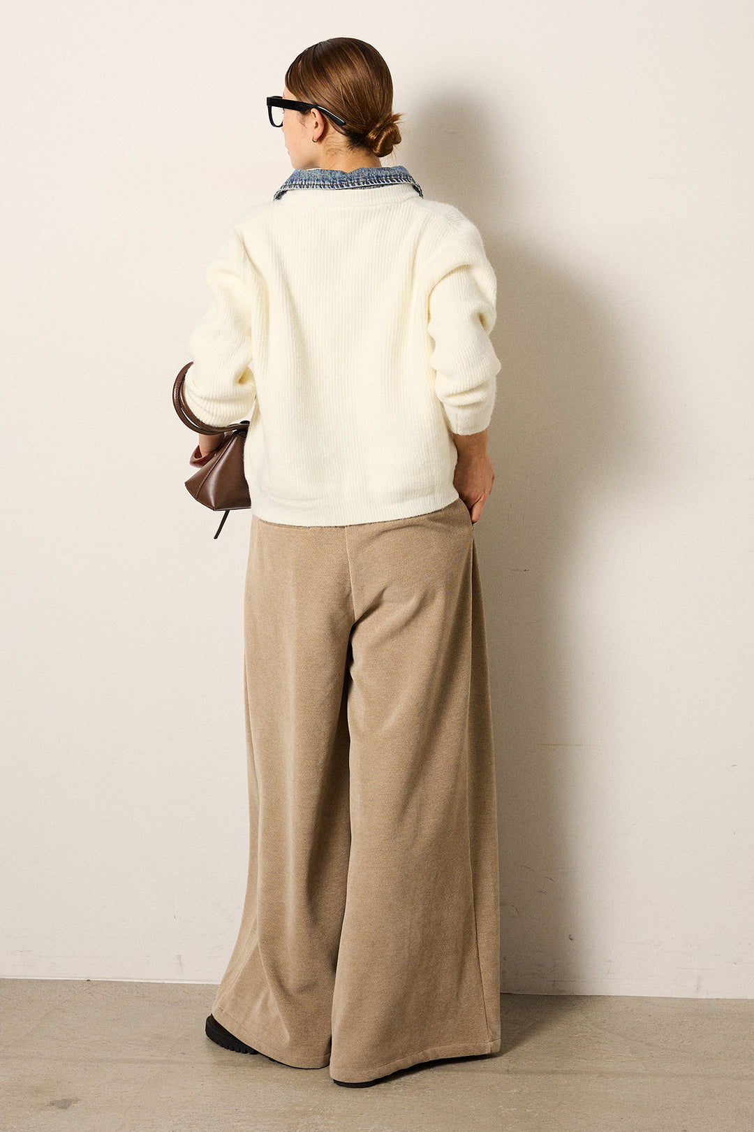 [SET]デニム襟ダブルジップニットトップス+ベルトループコーデュロイワイドパンツ(2set)