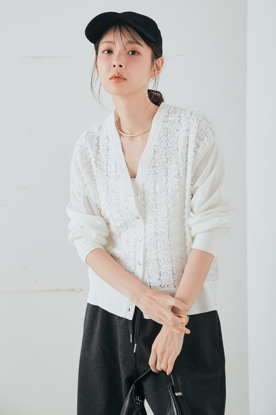 [SET]モコレースVネックカーディガン+カットダンボールウエストフリルカーブパンツ(2set)