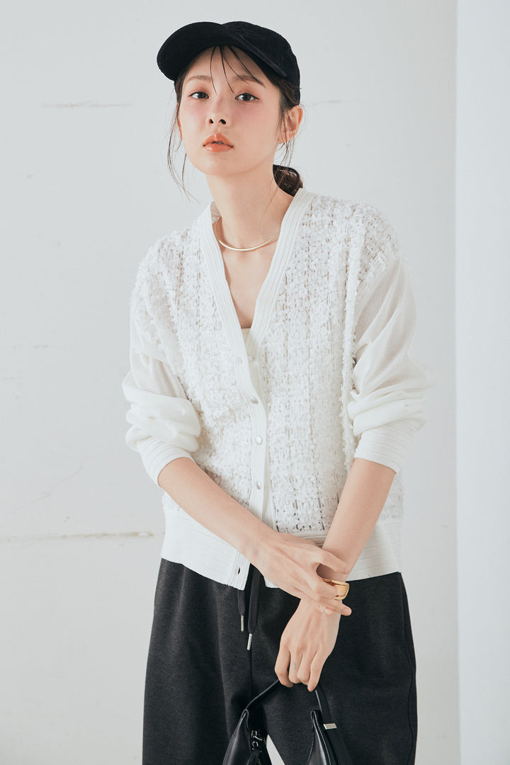 [SET]モコレースVネックカーディガン+カットダンボールウエストフリルカーブパンツ(2set)