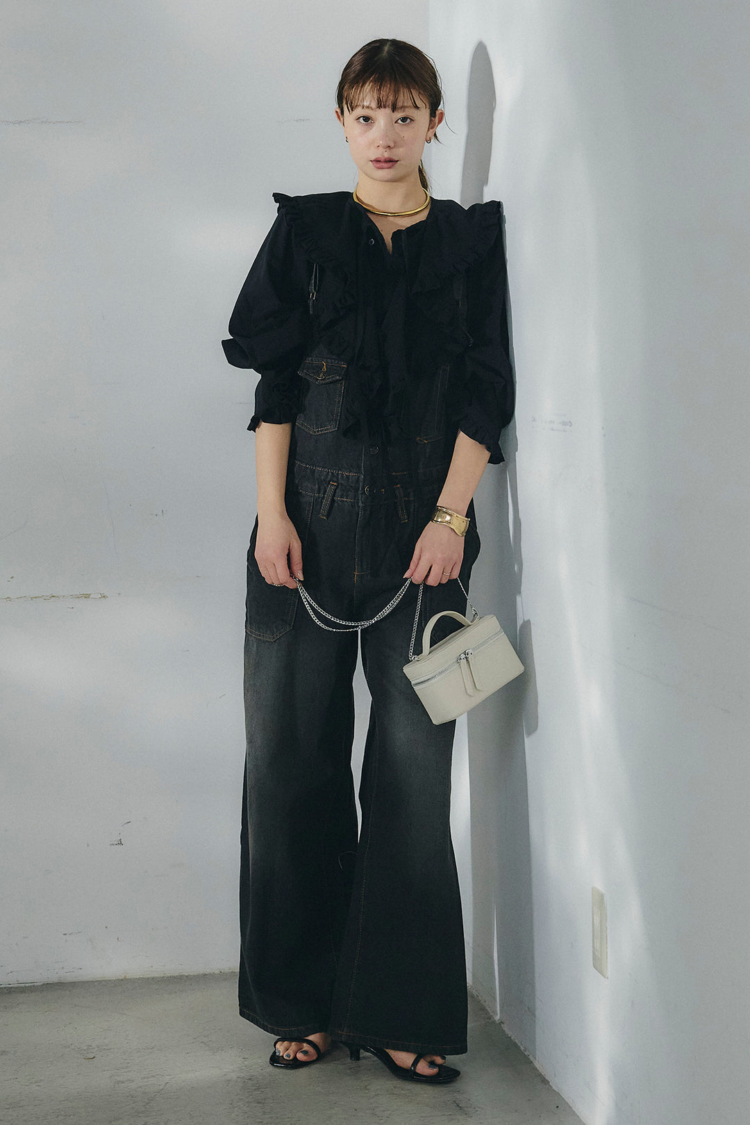 [SET]コットンフリルブラウス+デニムサロペットワイドパンツ(2set)