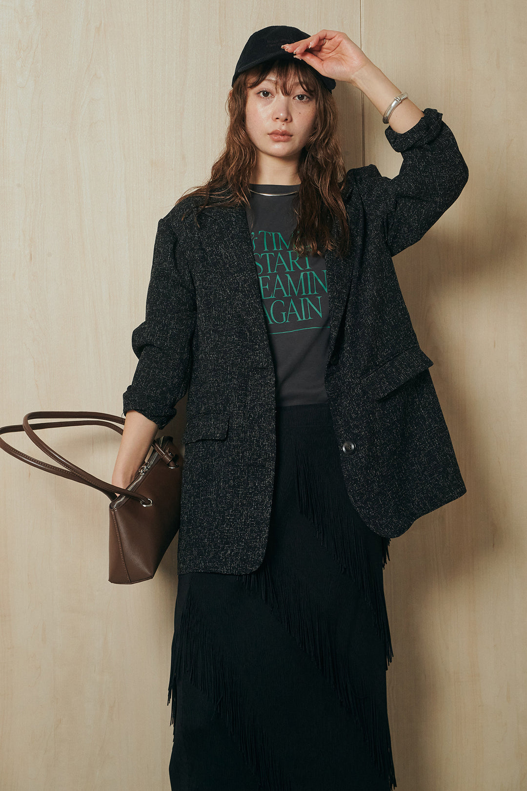 [SET]ミックスツイードベルト付きジャケット+斜めフリンジデザインスカート(2set)