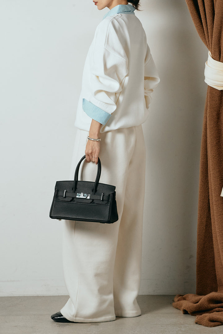 [SET]ストライプシャツドッキングポロトップス+裏起毛スウェットワイドパンツ(2set)