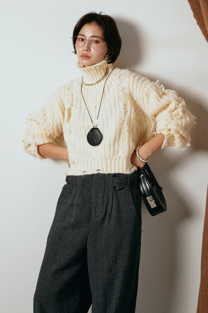 [SET]フリンジタートルショートニット+クラシックヘリンボーンサロペット(2set)