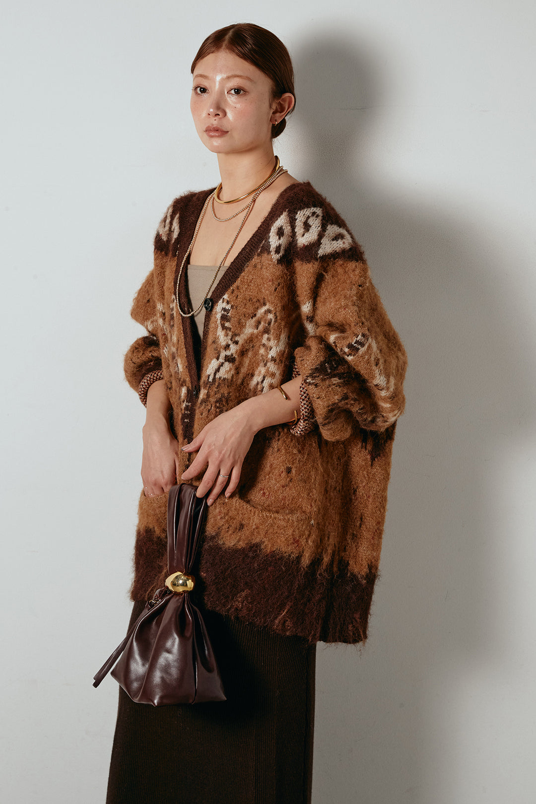 [SET]シャギーニュアンス柄ニットカーディガン+リブナローニットスカート(2set)