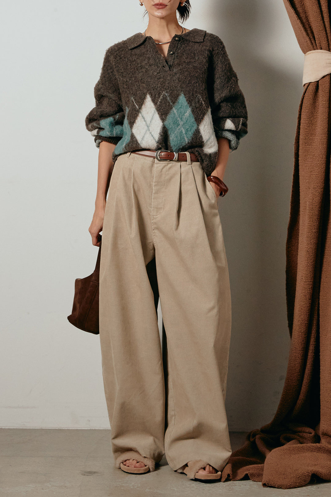 [SET]アーガイル柄ポロニットトップス+フロントタック入りコーデュロイパンツ(2set)