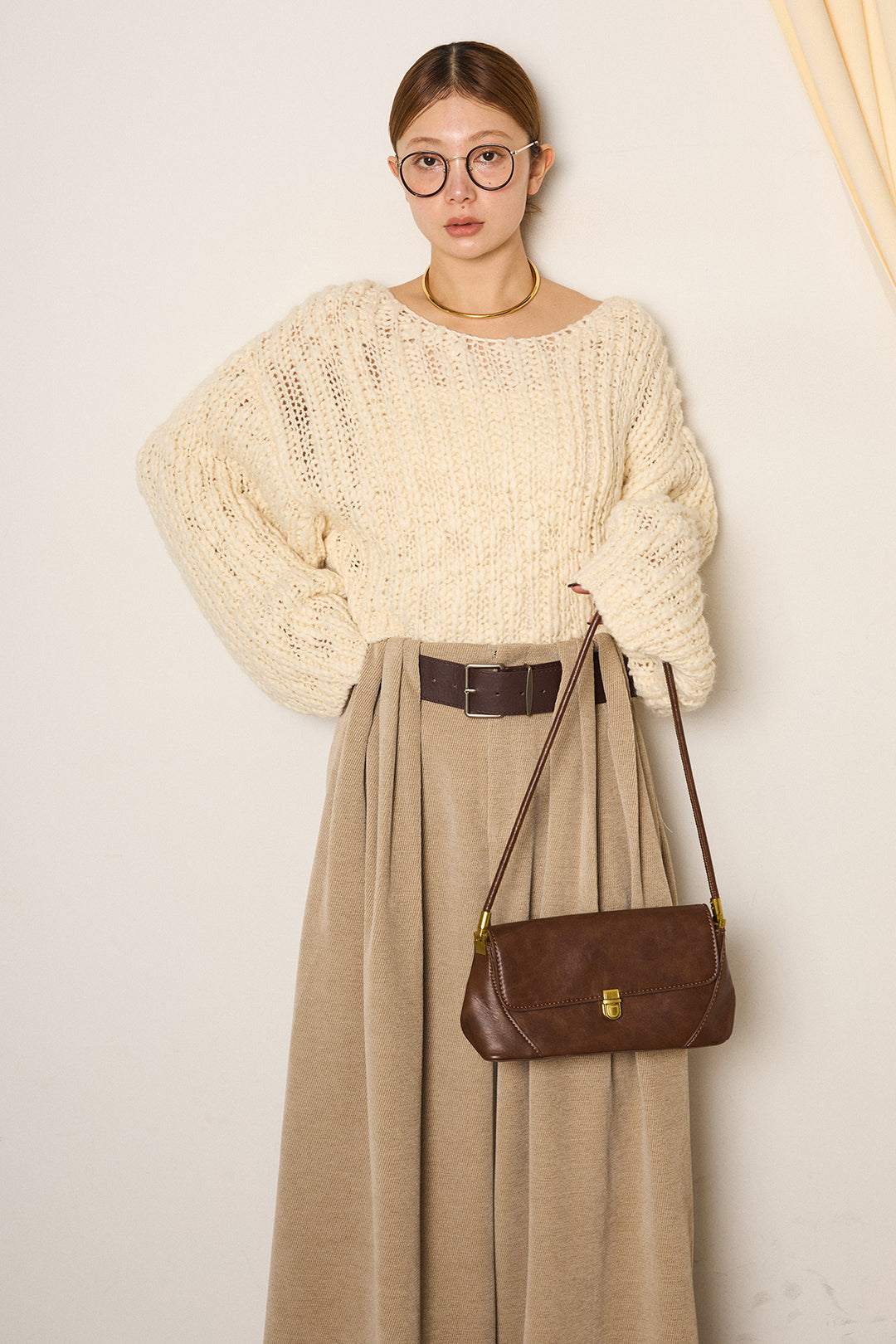 [SET]チャンキースラブニットクロップドプルオーバー+ベルトループコーデュロイワイドパンツ(2set)