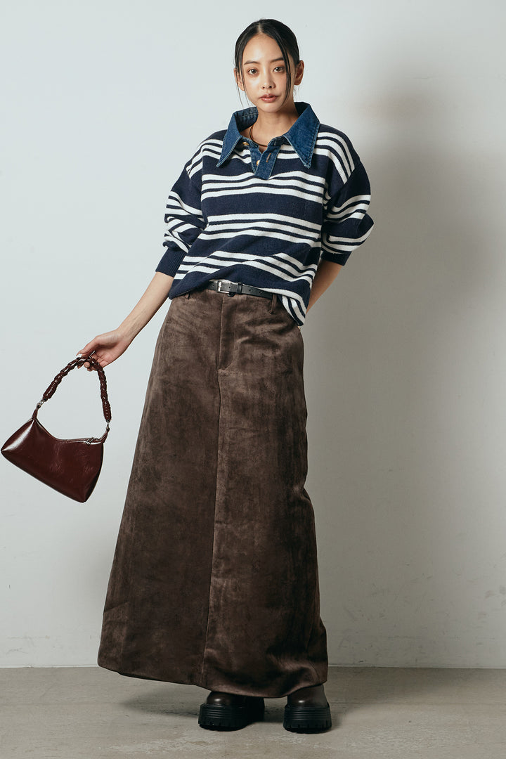 [SET]デニムレイヤード風ランダムボーダーニットプルオーバー+エコスウェードワイドスカート(2set)