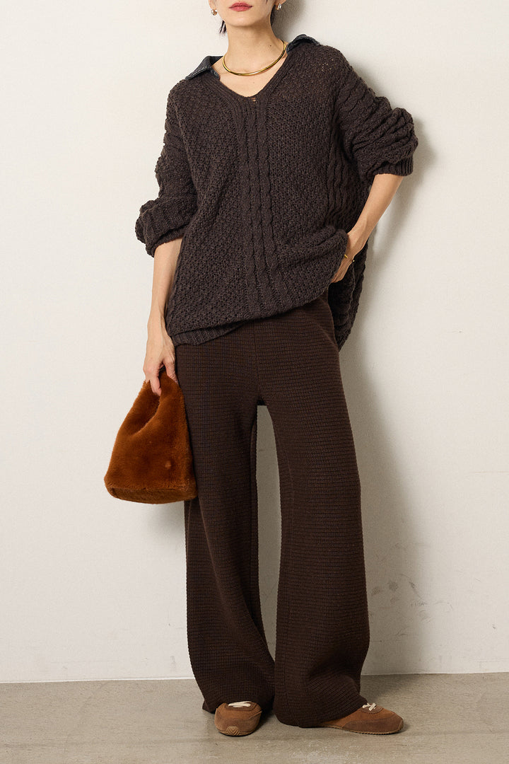 [SET]デニムカラーケーブルオーバーニット+ワイドリブニットイージーパンツ(2set)