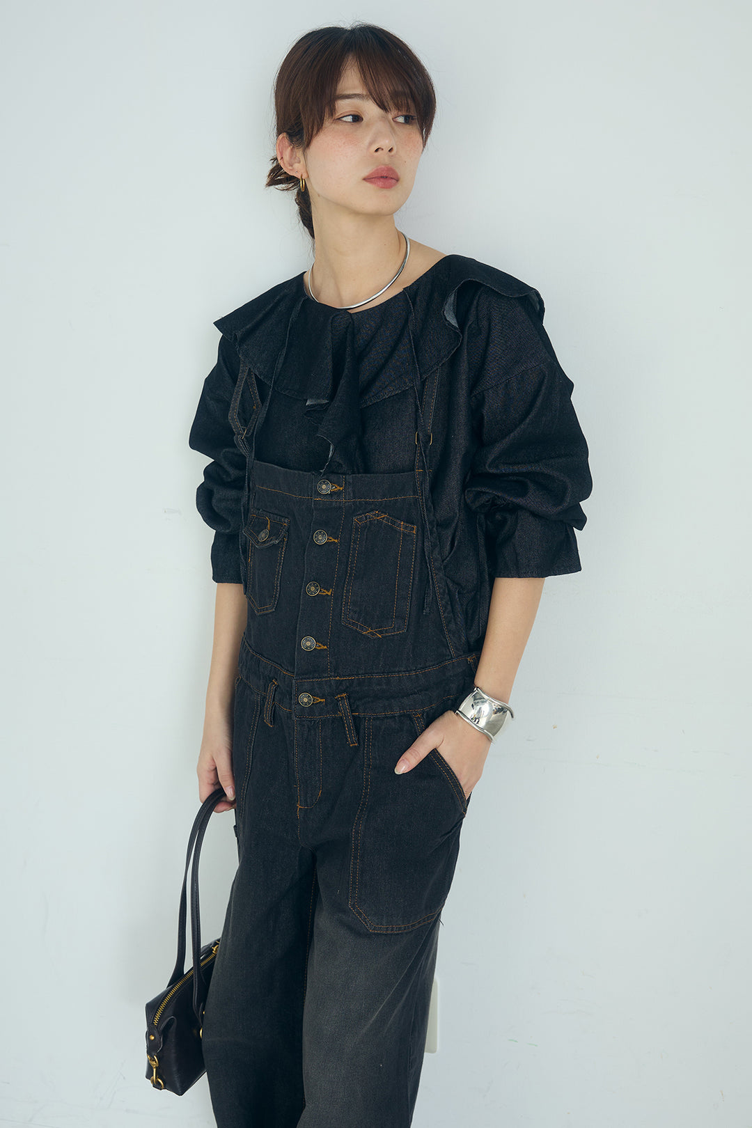 [SET]デニムフリルブラウス+デニムサロペットワイドパンツ(2set)