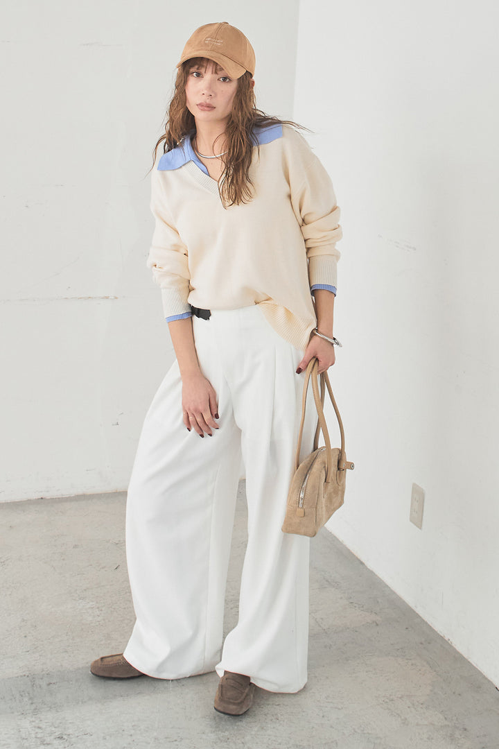 [SET]バイカラーニットレイヤード風プルオーバー+サイドベルトタック入りスラックス(2set)