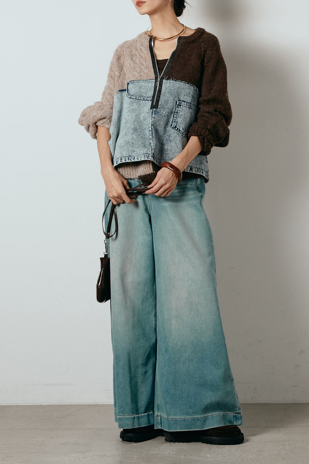 [SET]ハーフジップニットデニムドッキングトップス+ウエストダブルボタンワイドデニムパンツ(2set)