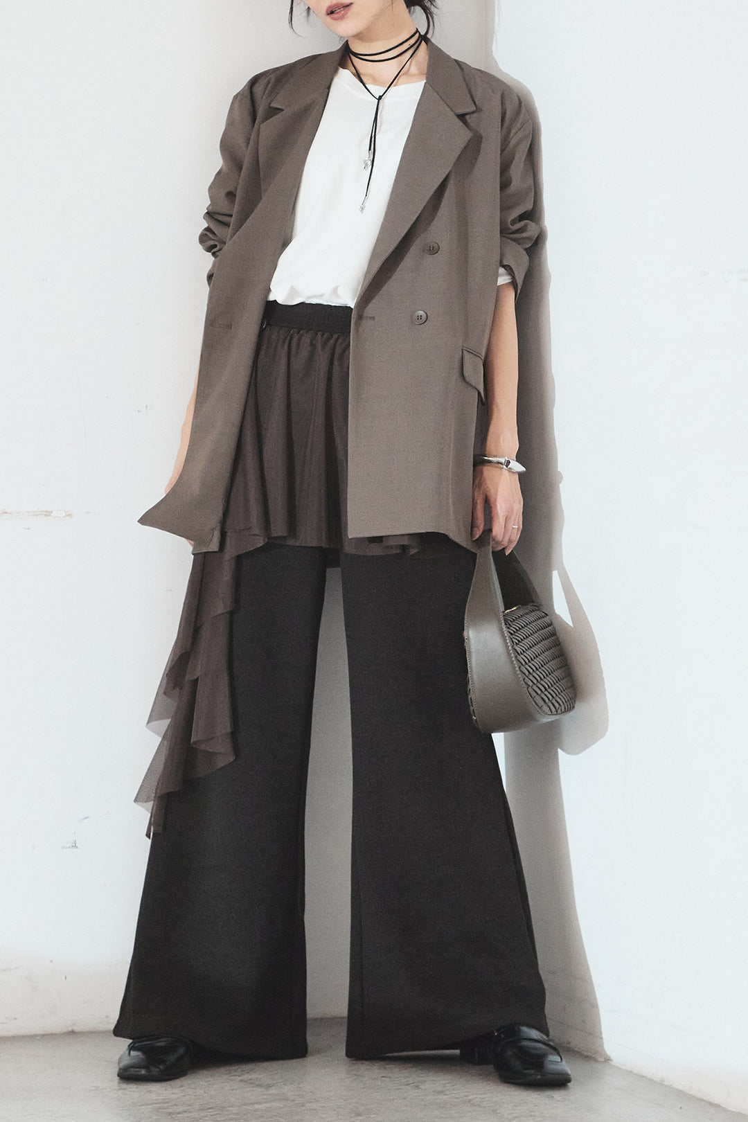 [SET]ルーズシルエットダブルテーラードジャケット+チュールレイヤードニットパンツ(2set)