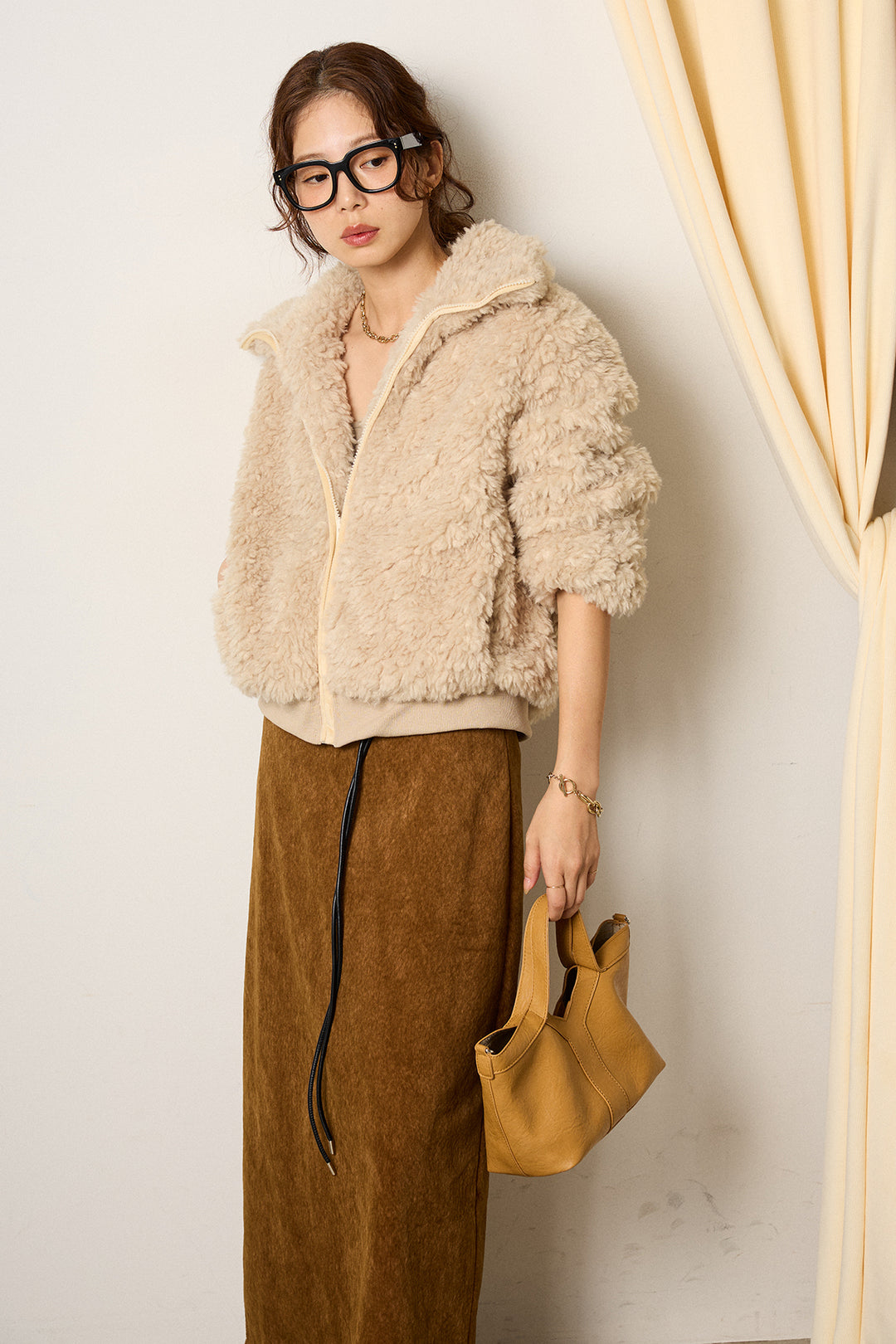 [SET]スタンドカラー裾リブボアブルゾン+ロープベルト付きスウェード調スカート(2set)