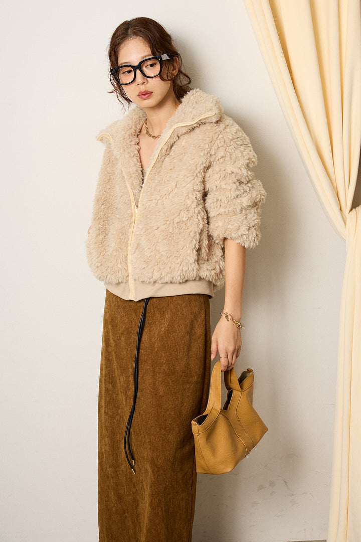 [SET]スタンドカラー裾リブボアブルゾン+ロープベルト付きスウェード調スカート(2set)