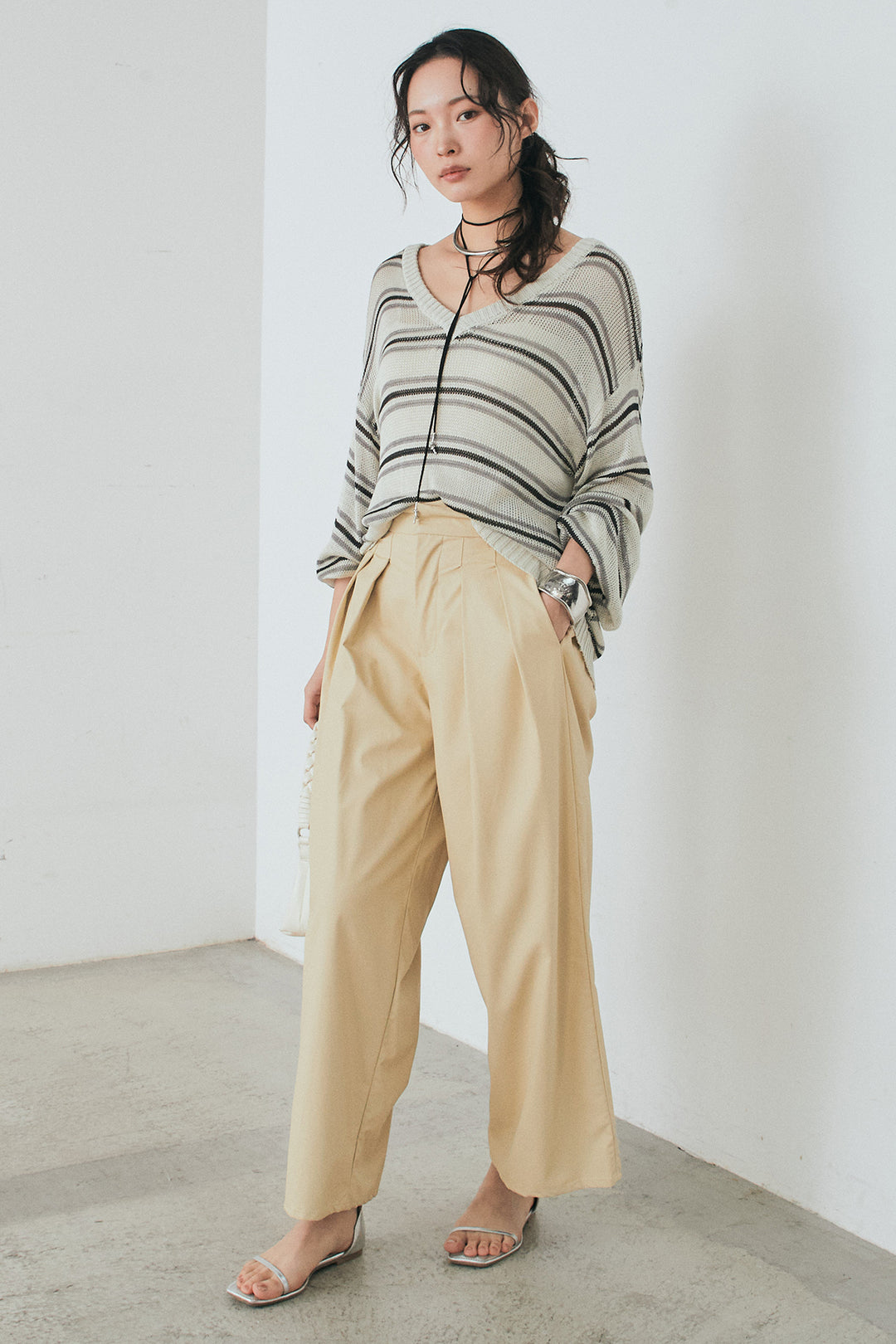 [SET]綿タッチVネックボーダートップス+ウォッシャブルエコレザータックパンツ(2set)