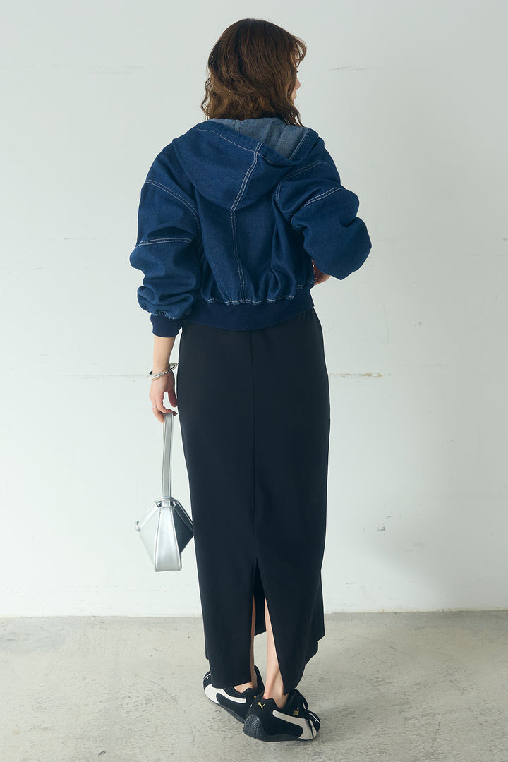 [SET]デニムダブルジップパーカーブルゾン+レイヤード見えヘンリーネックロングワンピース(2set)