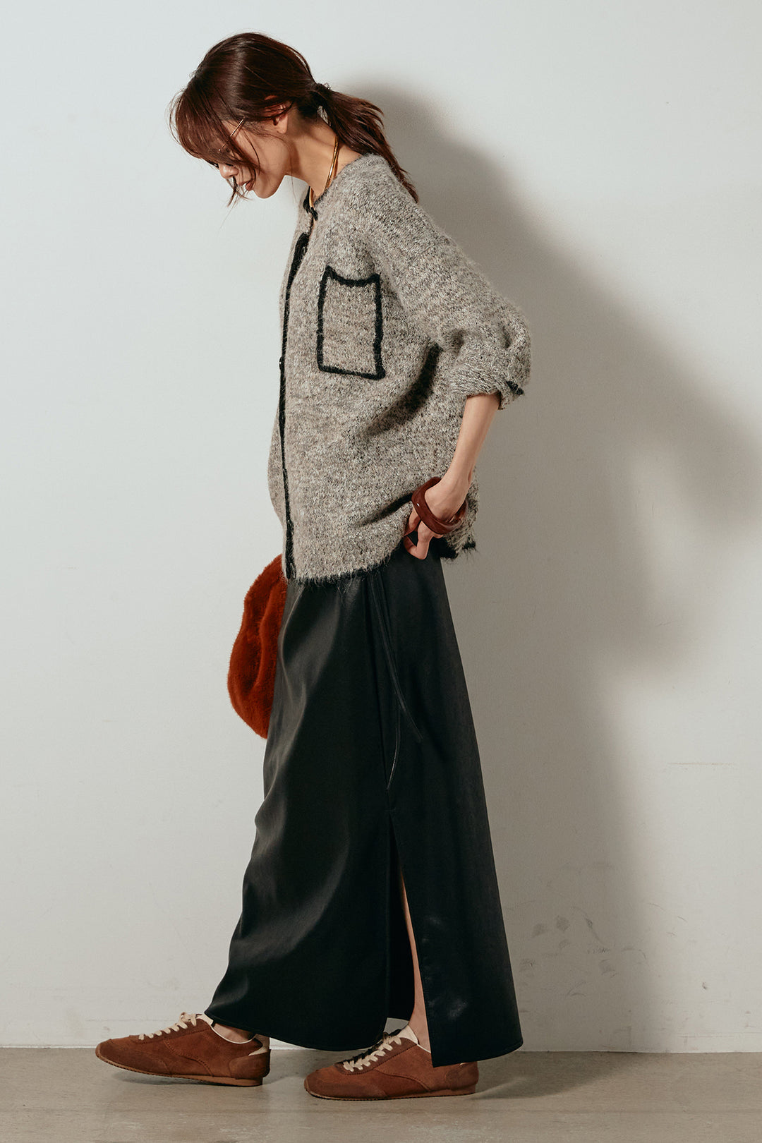 [SET]ミックスニットポケットカーディガン+紐付きフェイクレザーワイドスカート(2set)