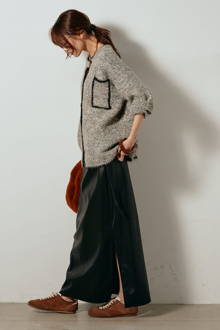 [SET]ミックスニットポケットカーディガン+紐付きフェイクレザーワイドスカート(2set)