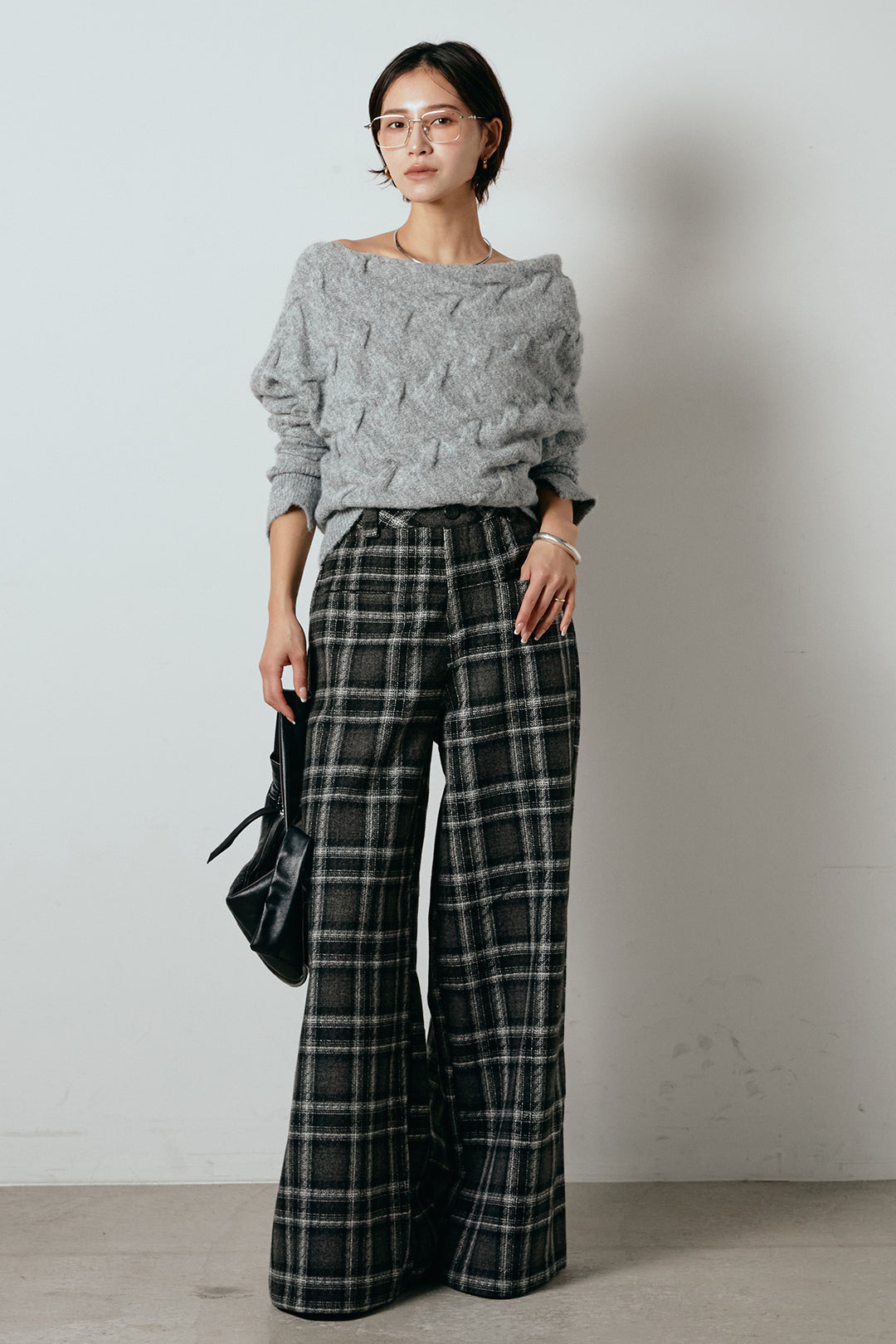 [SET]ボートネックニットトップス+ルーズタータンチェックワイドパンツ(2set)