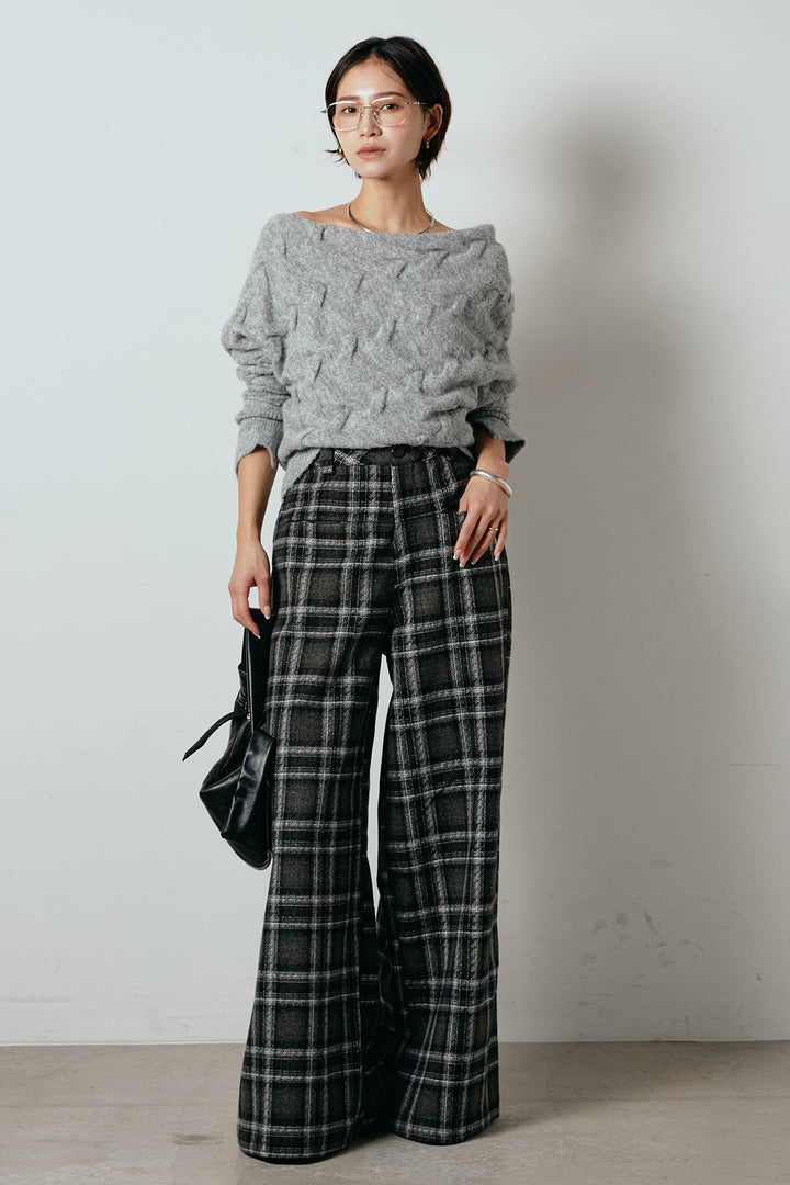 [SET]ボートネックニットトップス+ルーズタータンチェックワイドパンツ(2set)