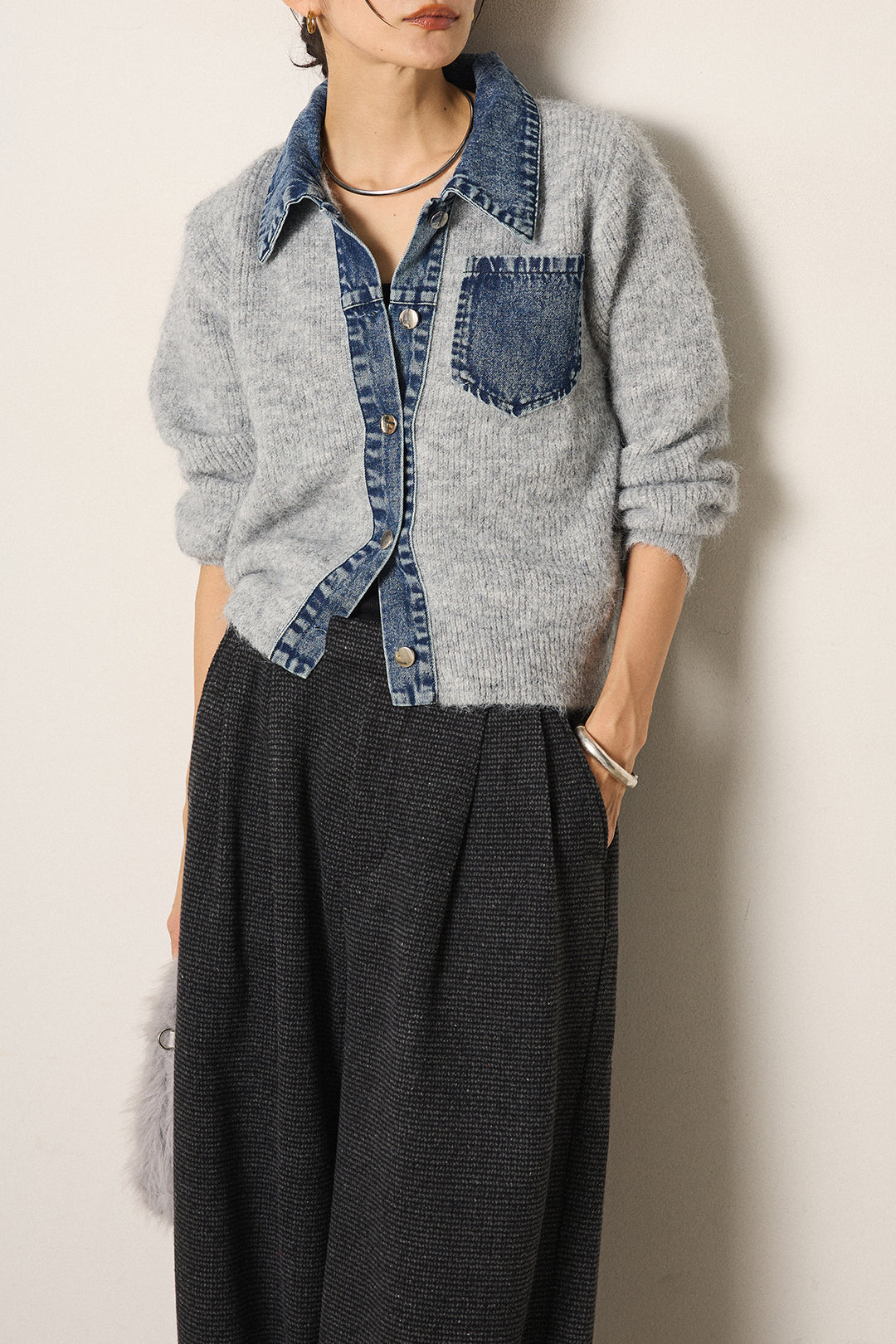 [SET]襟付きデニム切替ニットカーディガン+起毛タック入りツイードワイドパンツ(2set)