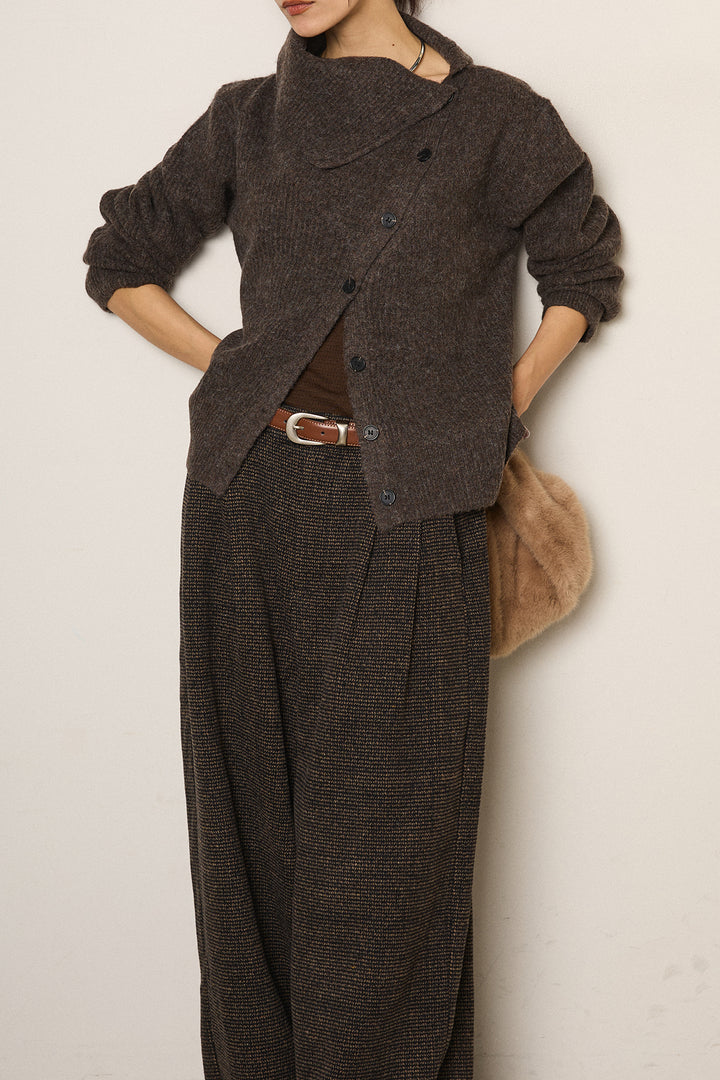 [SET]ボタンデザインネックニットプルオーバー+起毛タック入りツイードワイドパンツ(2set)