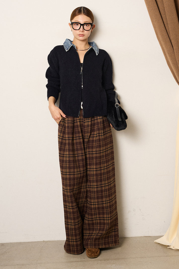 [SET]デニム襟ダブルジップニットトップス+スタッズデザインベルトタータンチェックパンツ(2set)